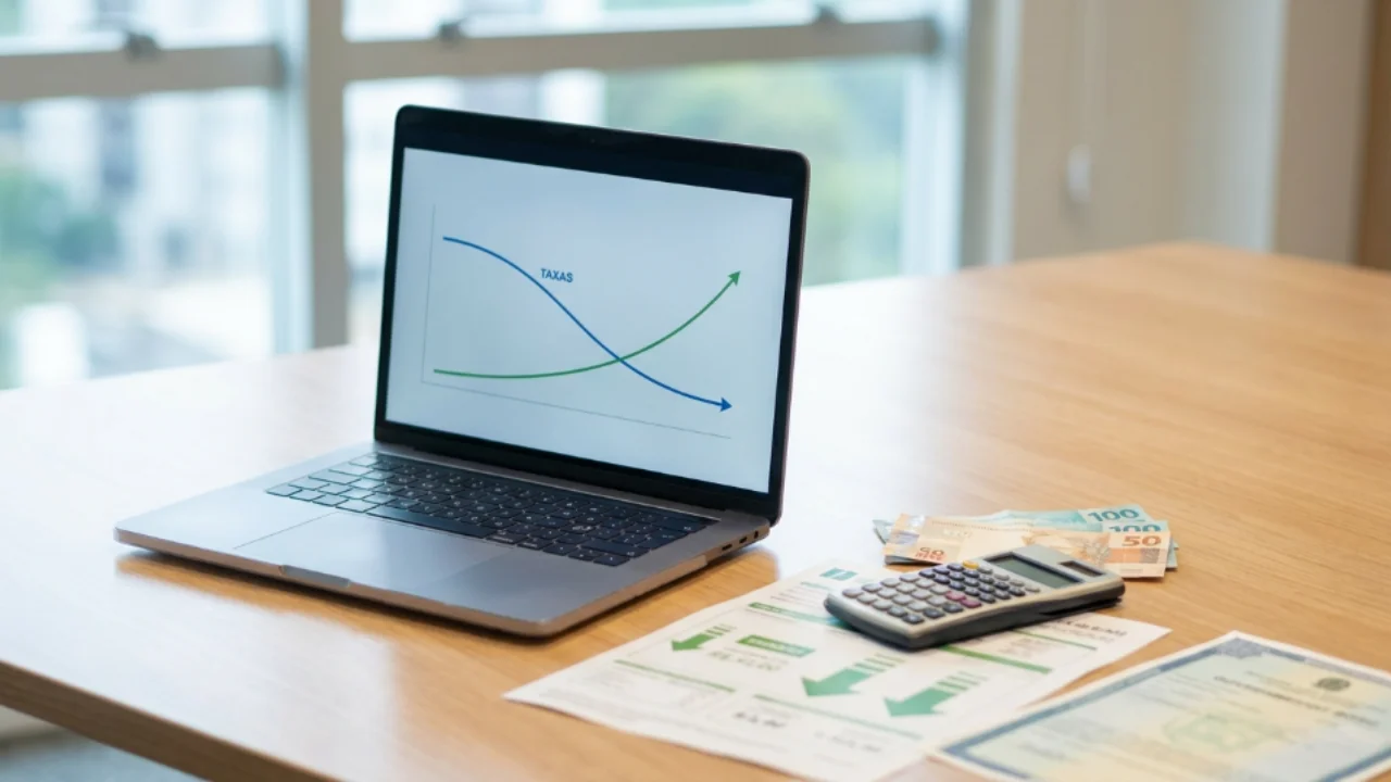 Notebook exibe gráfico de marcação a mercado com queda de taxas e alta nos preços dos títulos do Tesouro Direto ao lado de calculadora e notas de Real.