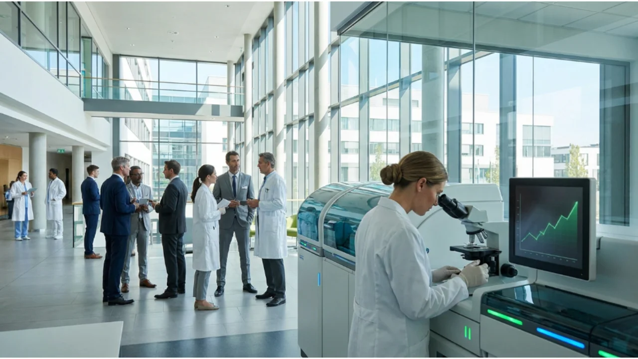 Pesquisadora em laboratório médico moderno analisando microscópio ao lado de monitor com gráfico financeiro de alta verde, com equipe hospitalar ao fundo.