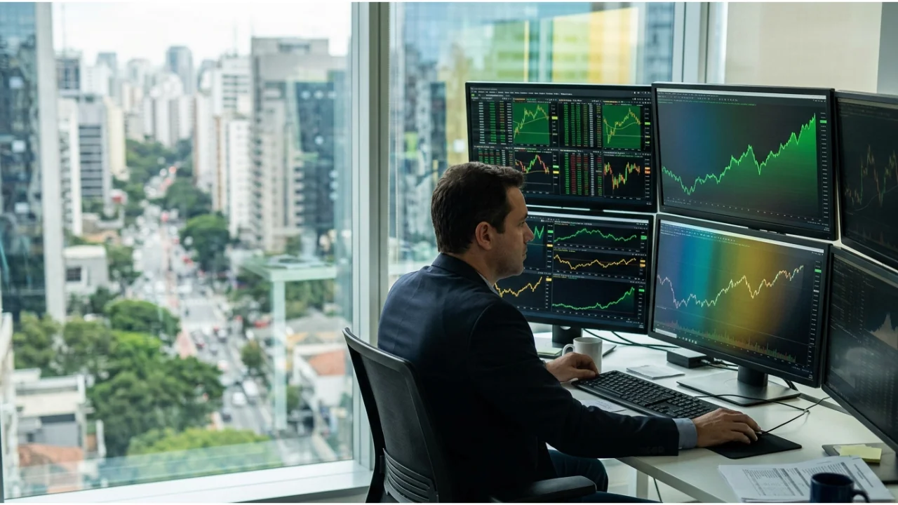 Analista de investimentos observa gráficos em alta em matéria sobre 4 ações com potencial de valorização pelo Itaú BBA.