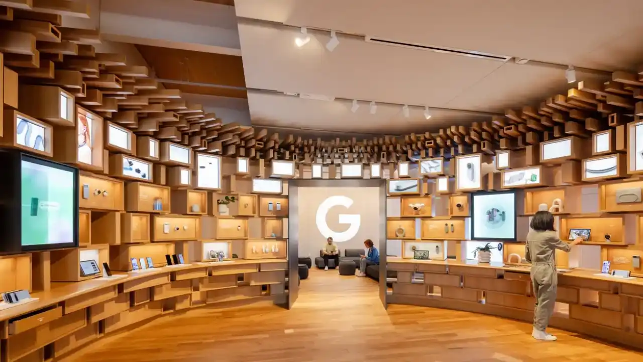 Loja física conceitual do Google em tom de madeira natural, com nichos decorativos nas paredes exibindo dispositivos eletrônicos e o logotipo da letra "G" em destaque ao fundo.