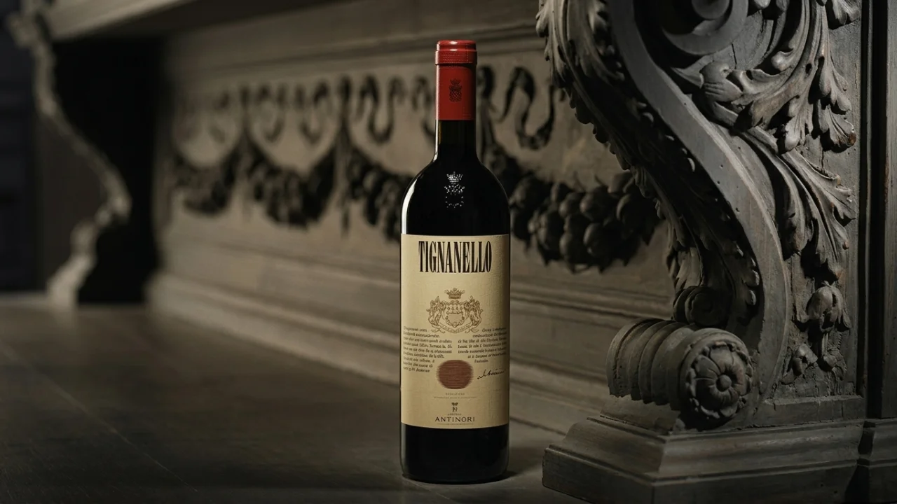 Garrafa de vinho tinto italiano Tignanello, produzido pela vinícola Antinori, posicionada em frente a um móvel rústico de madeira entalhada.