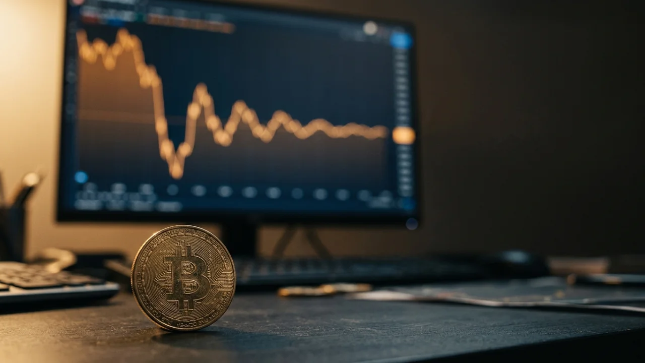Moeda de Bitcoin sobre mesa com monitor exibindo gráfico de queda e redução da volatilidade em análise da Binance Research.