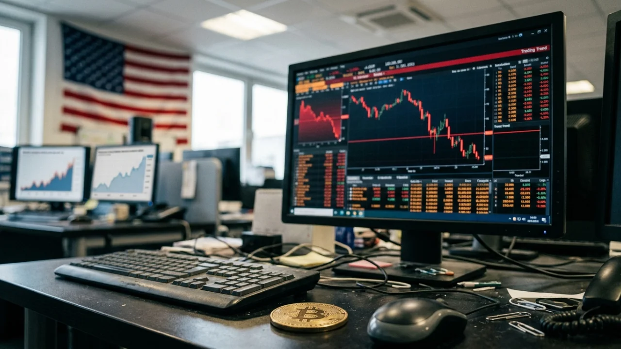 Monitor de computador em mesa de trabalho com gráficos em queda e vela vermelha, moeda física de Bitcoin na mesa e bandeira dos Estados Unidos ao fundo, ilustrando a desvalorização do Bitcoin após o CPI dos EUA.