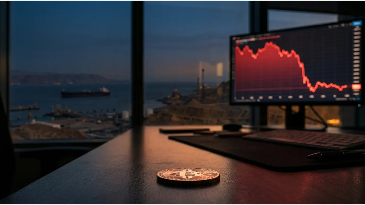 Moeda de Bitcoin em mesa com monitor exibindo gráfico de queda em vermelho e navio petroleiro ao fundo em matéria sobre tensão no Oriente Médio.