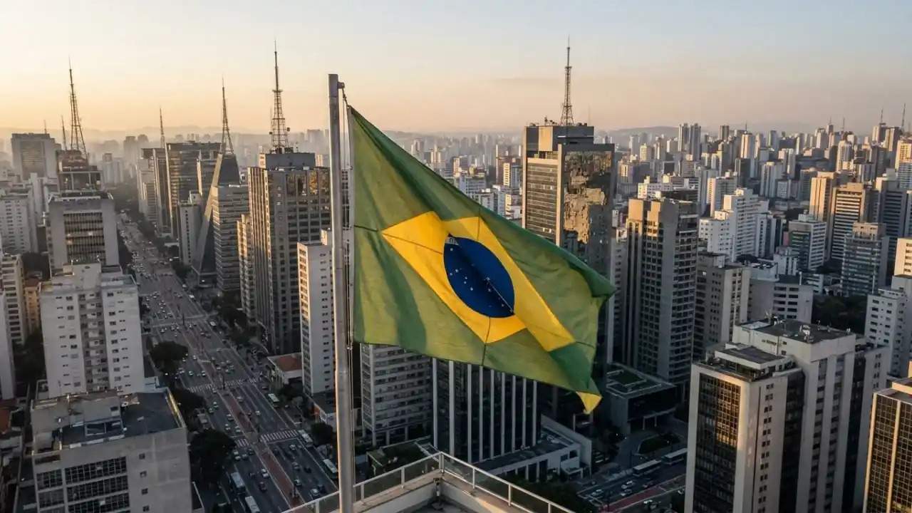BANDEIRA DO BRASIL HASTEADA EM DESTAQUE NO ALTO DE UM EDIFÍCIO COM O PANORAMA URBANO E OS ARRANHA-CÉUS DA CIDADE DE SÃO PAULO AO FUNDO, ILUSTRANDO O ENTRADA DO PAÍS NO RANKING DAS MAIORES ECONOMIAS DO MUNDO.