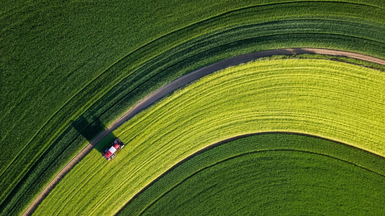 Vista aérea de uma plantação com faixas verdes curvas e um trator vermelho percorrendo uma estrada rural entre as lavouras