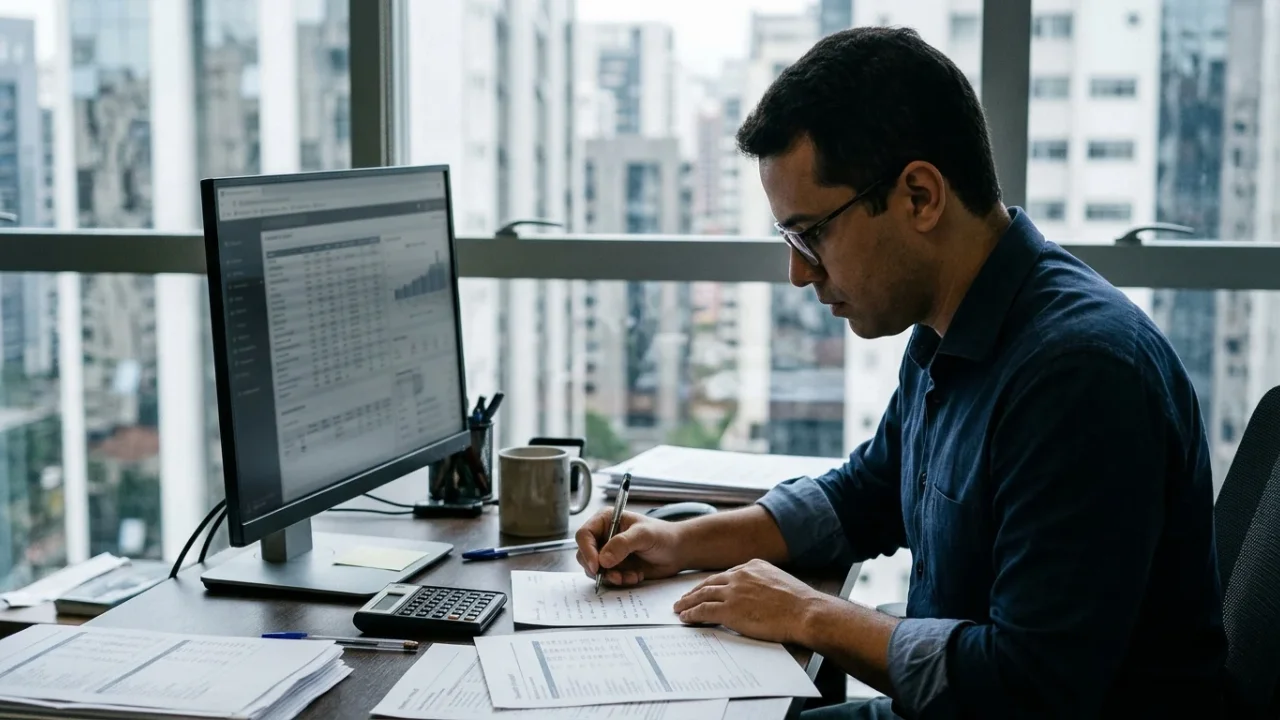 Analista financeiro usando óculos em perfil lateral, anotando dados em um papel enquanto analisa relatórios de alocação de investimentos no monitor de um computador, em escritório com vista para edifícios da cidade.