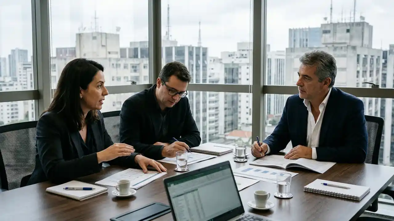 Três executivos em reunião corporativa ao redor de uma mesa de conferência com documentos, notebooks e xícaras de café, diante de uma ampla janela panorâmica com vista para edifícios da cidade.