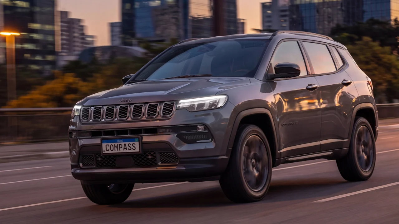 SUV Jeep Compass 2027 cinza em movimento na pista durante o fim de tarde, destacando a grade frontal clássica de sete fendas, faróis em LED e o novo design das rodas de liga leve.