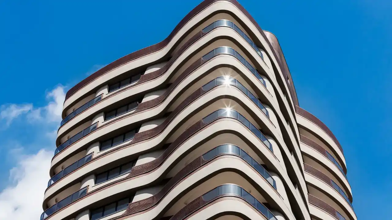 Fachada curva de linhas modernas e varandas do prédio residencial Cyrela by Pininfarina, em São Paulo, vista de baixo contra um céu azul, ilustrando a prévia operacional da construtora.