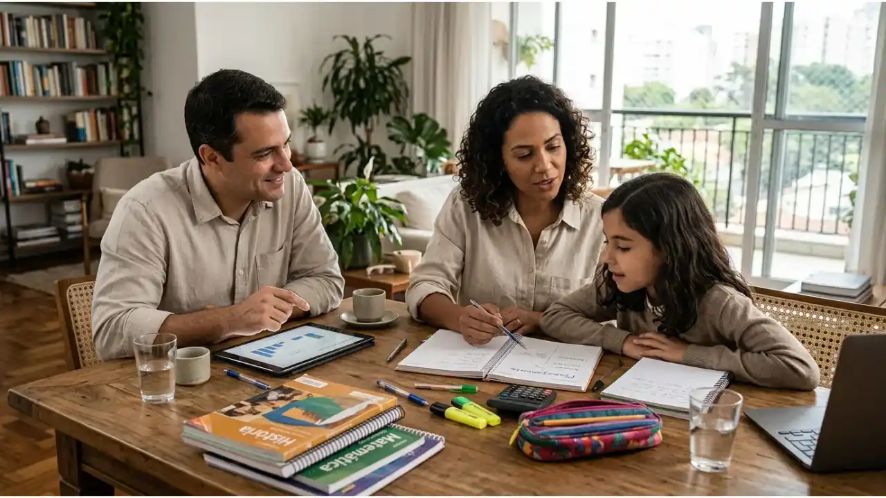 Pais e filha reunidos em volta de uma mesa com cadernos, livros escolares, tablet e calculadora, conversando sobre o planejamento financeiro para os estudos e o futuro da criança.