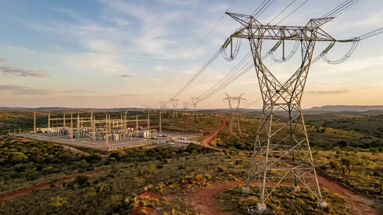 Vista aérea de grande torre metálica de transmissão de energia elétrica em meio à vegetação, com uma subestação de energia ao fundo sob o céu do fim de tarde.