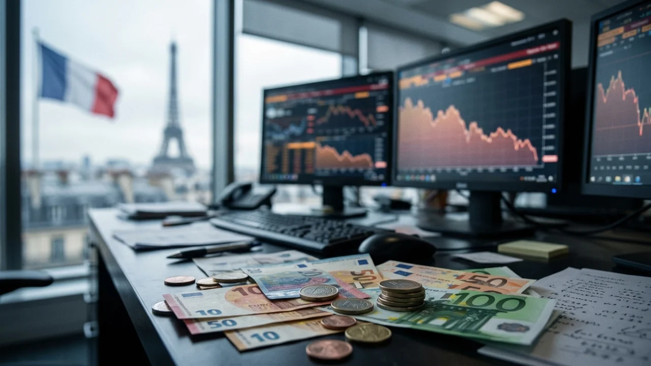 Mesa de escritório financeiro com cédulas e moedas de euro espalhadas sobre a superfície, monitores de computador ao fundo exibindo gráficos de variação de cotação em queda na cor vermelha e janela com vista para a Torre Eiffel e a bandeira da França.