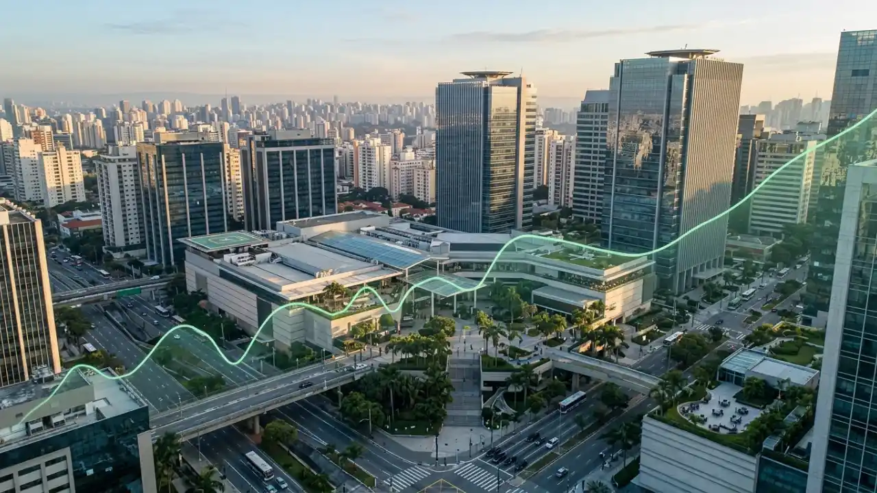 Imagem aérea de São Paulo com gráficos e textos indicando o bom momento e as perspectivas positivas para os Fundos de Investimento Imobiliário (FIIs), especialmente os fundos de tijolo.