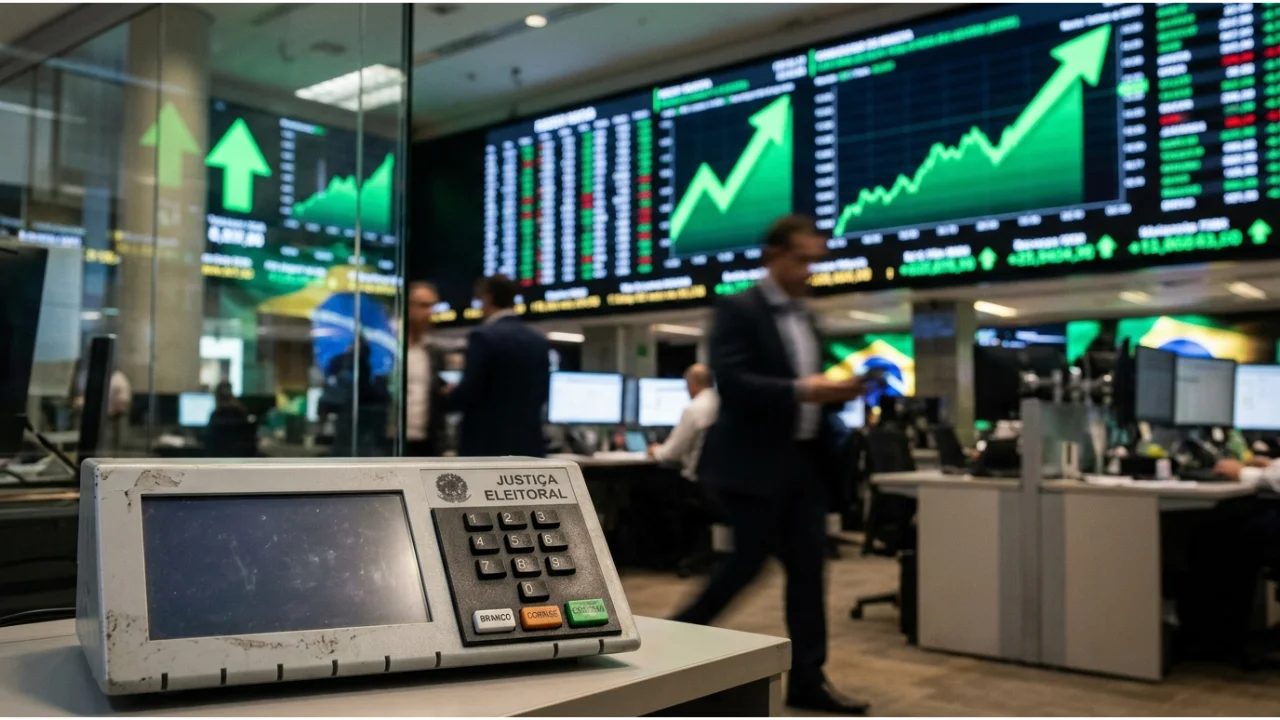 Urna eletrônica da Justiça Eleitoral com grandes painéis da Bolsa de Valores ao fundo exibindo forte alta e recorde do Ibovespa após as eleições de 2026.