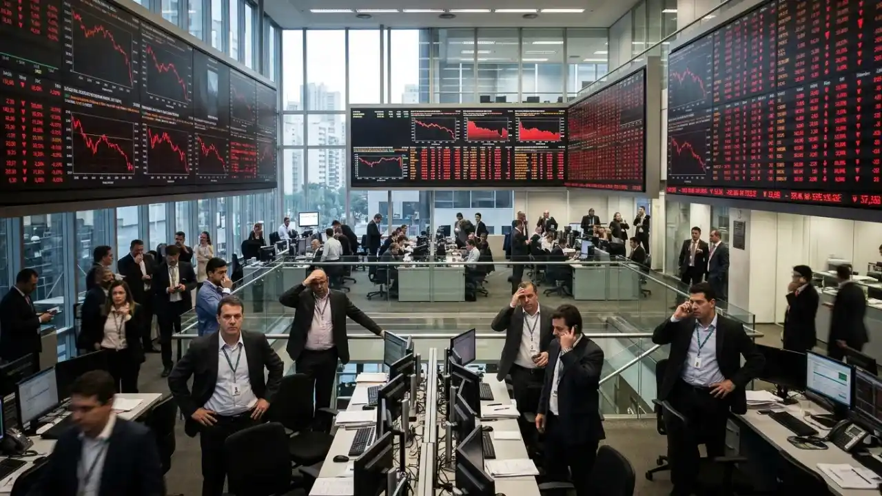 Salão de operações financeiras movimentado com diversos operadores trabalhando em bancadas e grandes painéis eletrônicos nas paredes exibindo gráficos de cotações em tom vermelho de queda.