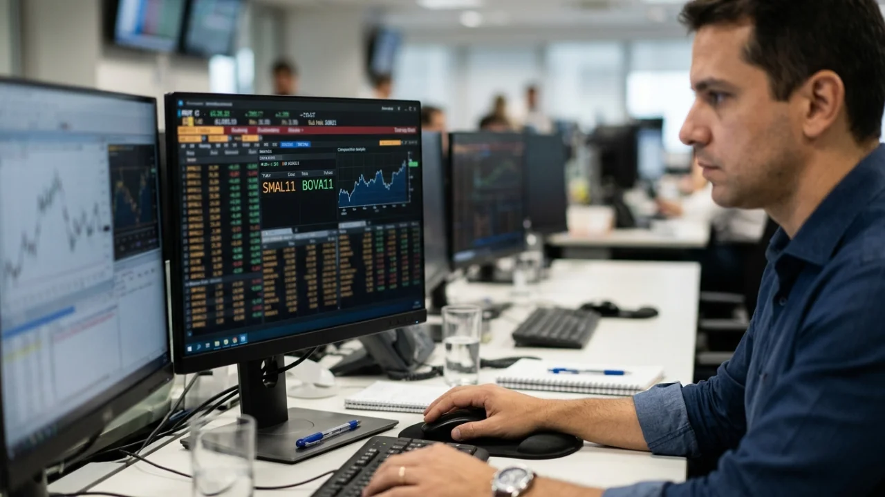 Operador de mercado concentrado em sua estação de trabalho, com a mão no mouse e visualizando na tela do monitor o comparativo financeiro entre os ETFs SMAL11 e BOVA11 acompanhado de gráficos de cotação.