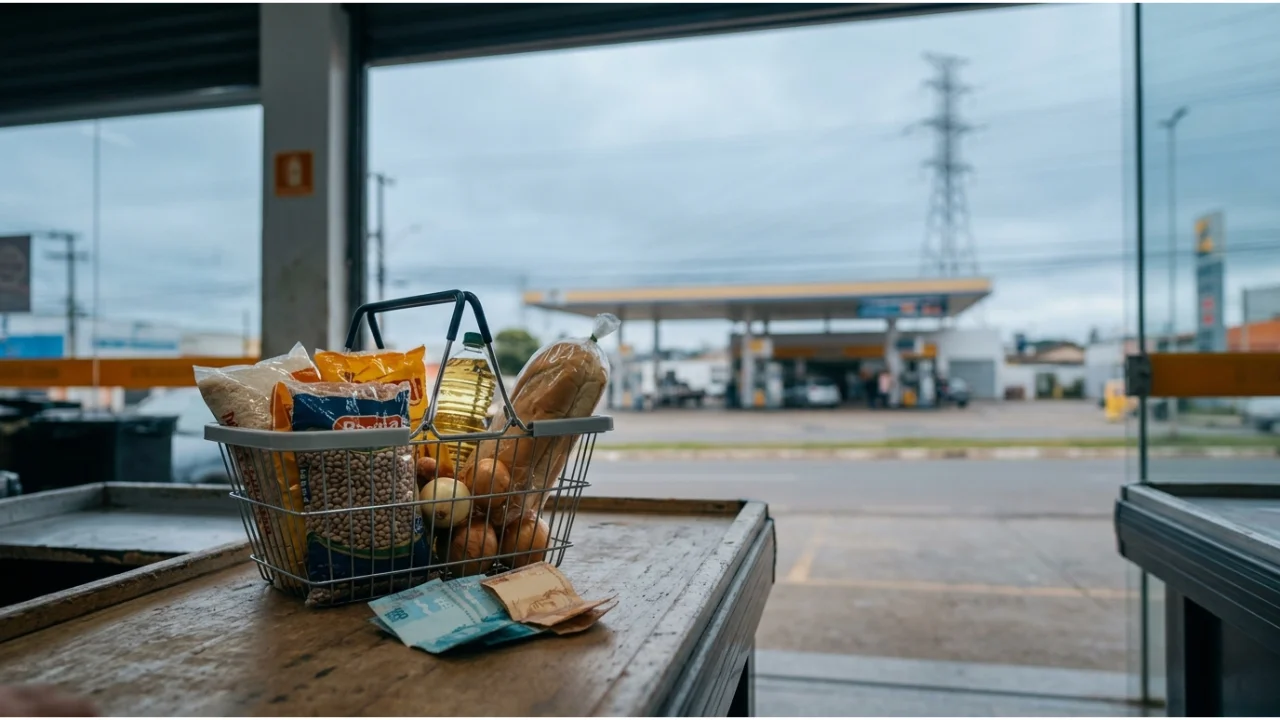 Cesta de supermercado com alimentos básicos e notas de Real sobre balcão de madeira, com posto de combustíveis ao fundo visto pela janela, ilustrando o impacto do IPCA acima do esperado na inflação e nos preços ao consumidor.