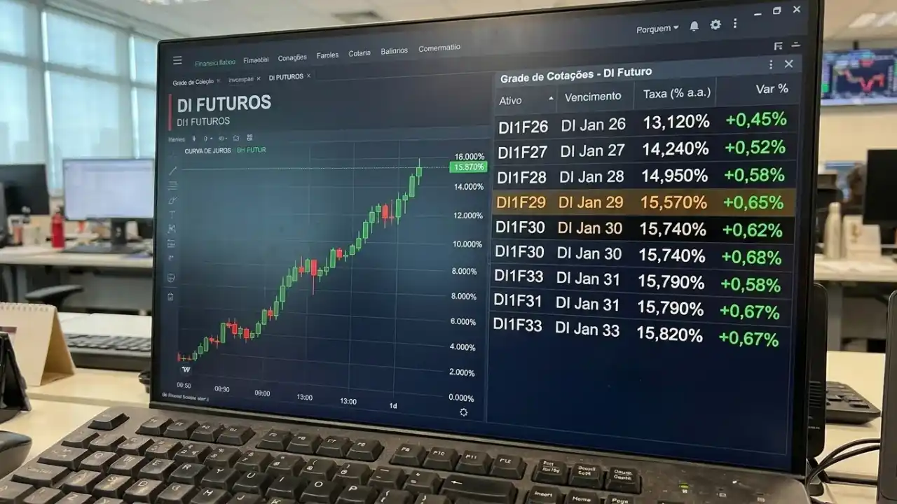 Monitor de computador em um escritório financeiro exibindo a grade de cotações dos contratos de DI Futuros com taxas em alta acima de 15% ao ano e um gráfico de curva de juros em forte trajetória ascendente.