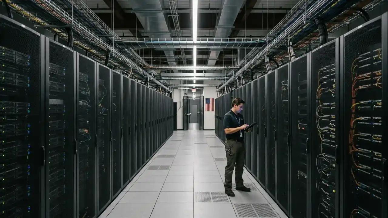 Técnico em TI segurando um tablet e inspecionando um corredor central de um data center moderno repleto de servidores e racks de alta tecnologia, com a bandeira dos Estados Unidos visível ao fundo.