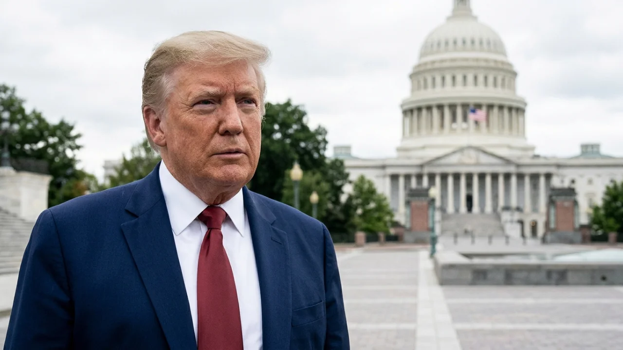 O ex-presidente dos EUA Donald Trump veste terno azul-marinho e gravata vermelha em primeiro plano, com a fachada do Capitólio dos Estados Unidos em Washington, D.C., visível em plano de fundo desfocado.