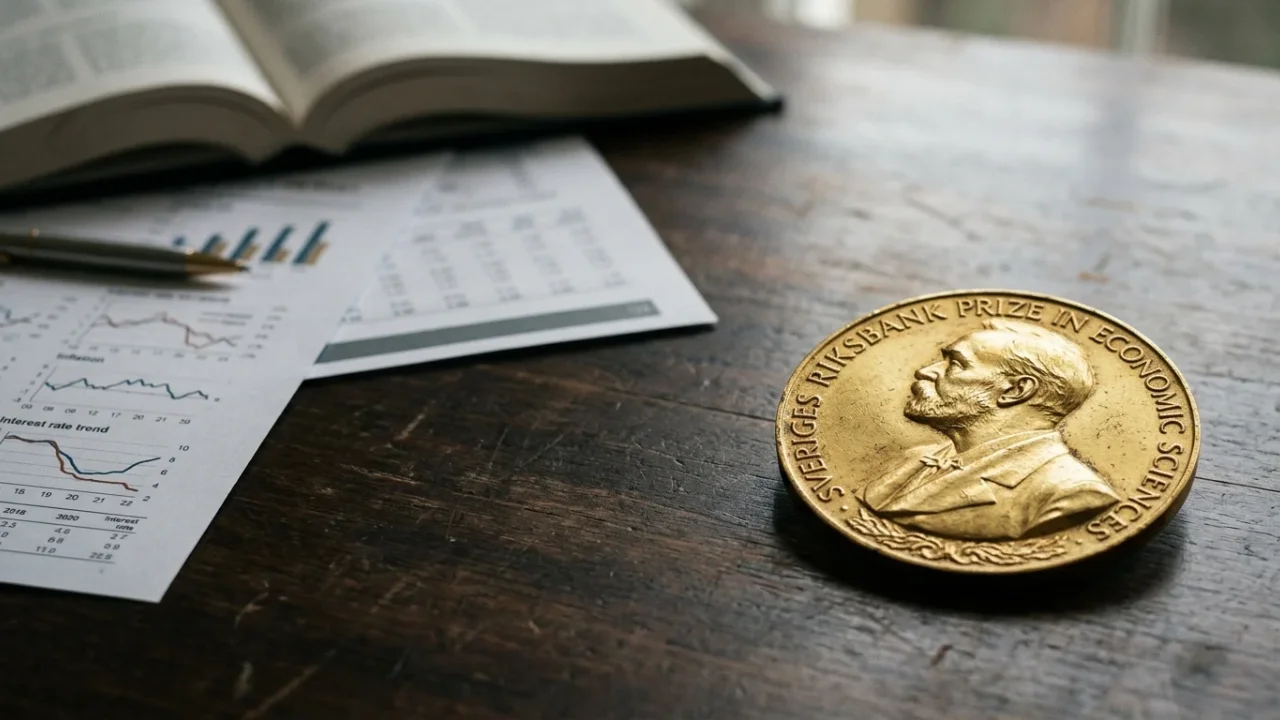 Medalha dourada do Prêmio Nobel de Economia (Sveriges Riksbank Prize in Economic Sciences) sobre mesa de madeira ao lado de relatórios de análise macroeconômica com gráficos e livro aberto de economia.
