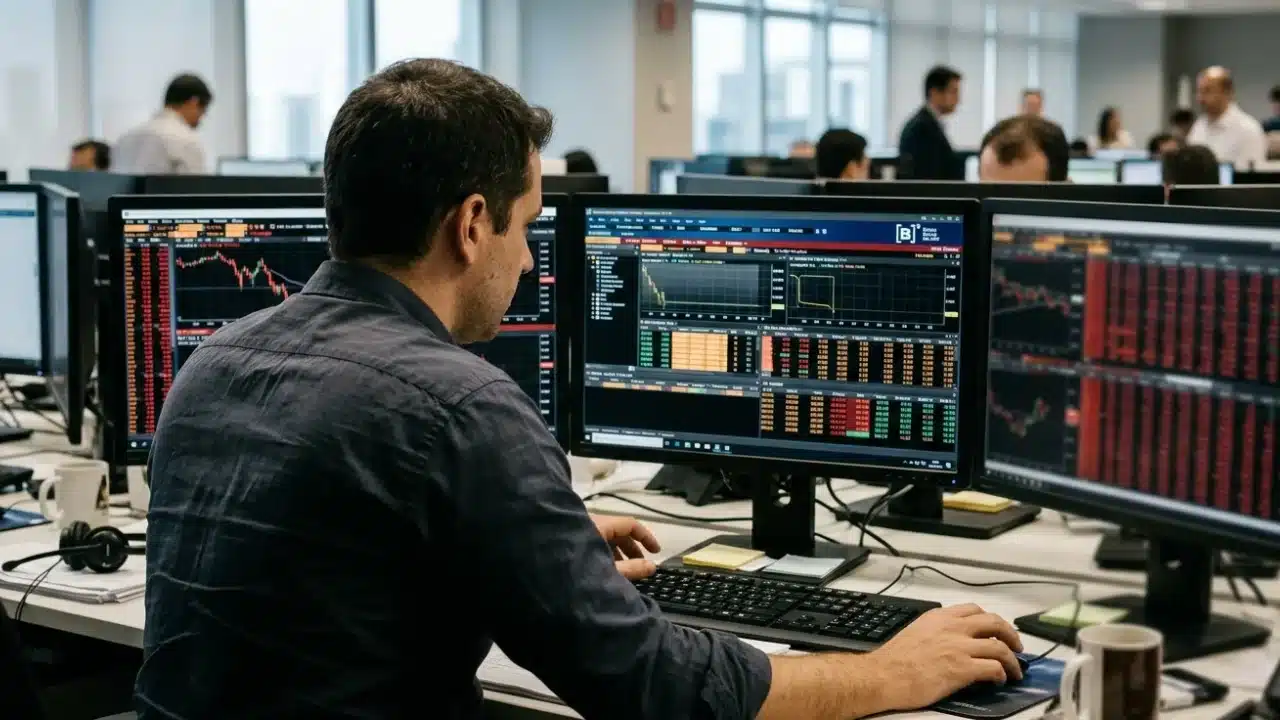 Operador de mercado em mesa de negociação observando telas de computador com o sistema da B3 e gráficos de queda nos preços dos ativos, em escritório financeiro com outros profissionais ao fundo.