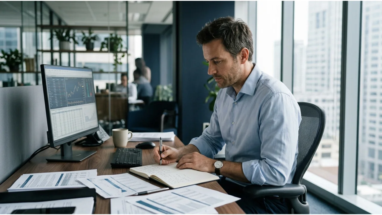 Analista financeiro em escritório corporativo concentrado em anotações e analisando gráficos em computador, representando a prévia do setor financeiro no 3T26 do Itaú BBA.