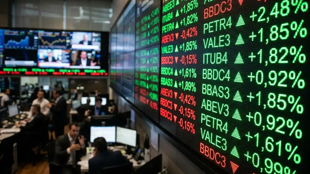 Painel de cotações da Bolsa de Valores exibindo oscilações de ações em verde e vermelho, com operadores ao fundo em ambiente corporativo, ilustrando a análise sobre Small Caps e Ibovespa.