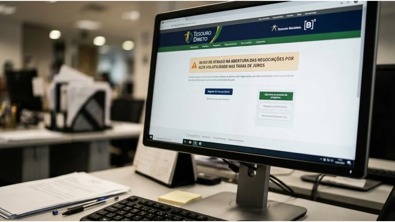 Monitor de computador em ambiente de escritório exibindo a página oficial do Tesouro Direto e da B3 com aviso destacado na tela sobre atraso na abertura das negociações por alta volatilidade nas taxas de juros.