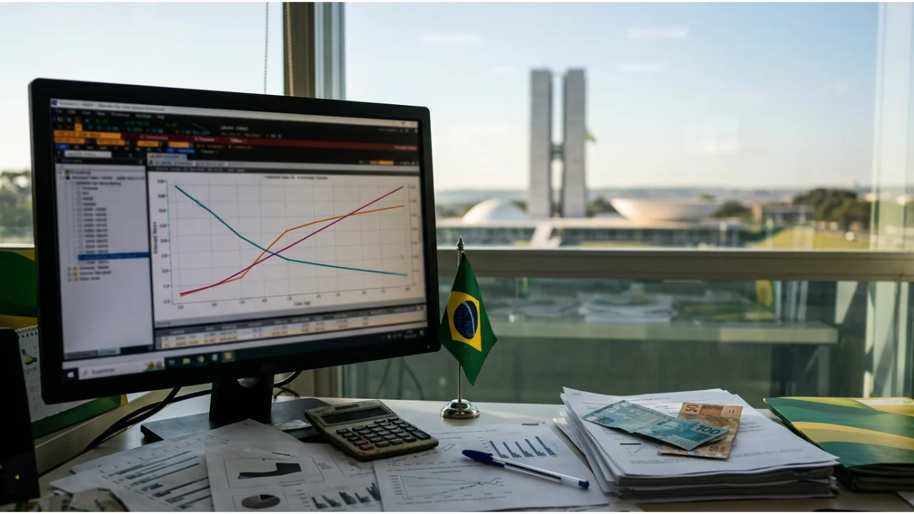 Monitor exibe gráfico com curvas divergentes sobre marcação a mercado no Tesouro Direto ao lado do Congresso Nacional em Brasília.
