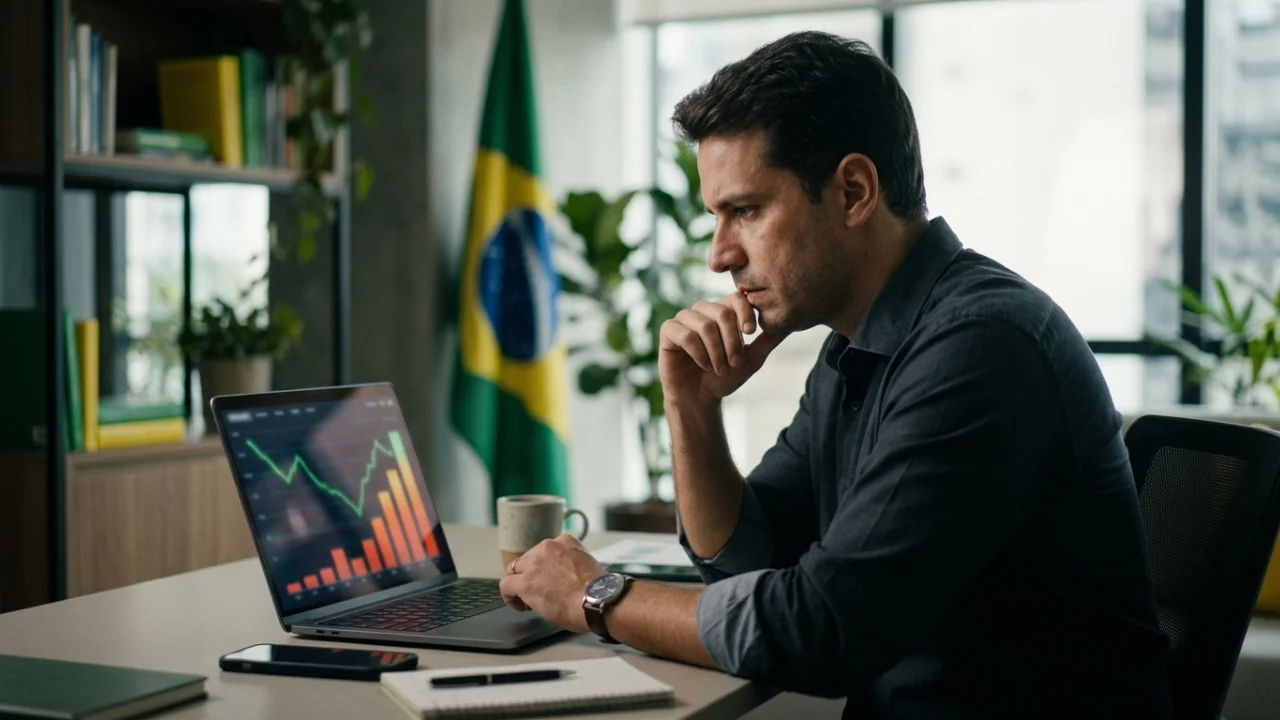 Homem focado observando gráficos financeiros de mercado em seu notebook em um escritório, com uma bandeira do Brasil ao fundo, ilustrando o acompanhamento das taxas do Tesouro Direto hoje.