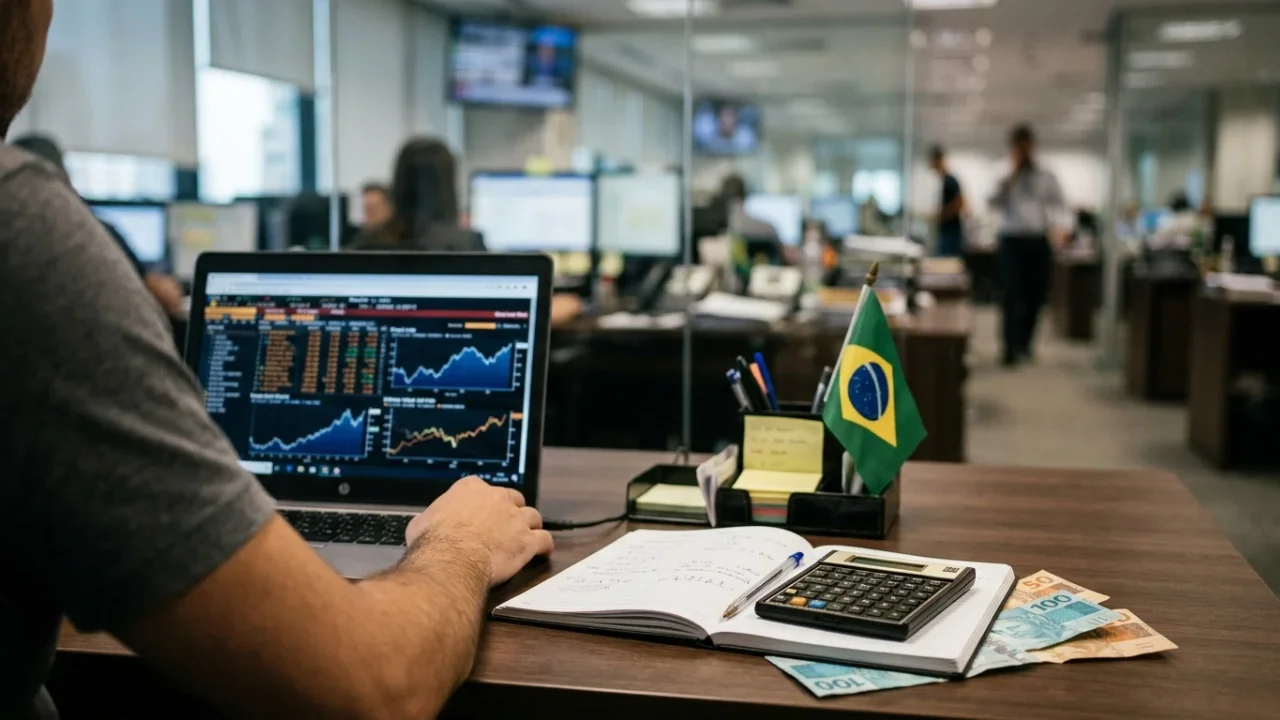 Operador do mercado financeiro trabalhando em computador com gráficos de rendimento em tempo real, ao lado de caderno de anotações, calculadora, notas de real e uma pequena bandeira do Brasil na mesa de escritório.