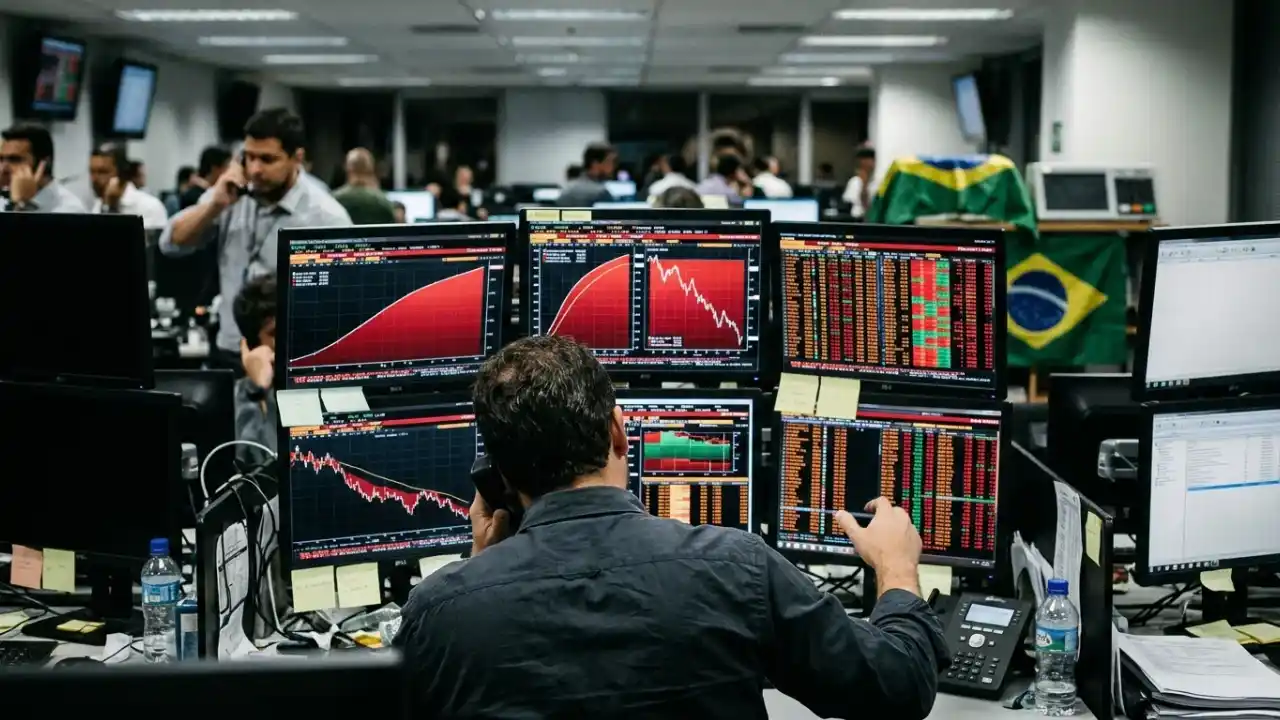 Operador de mercado visto de costas em sua bancada de trabalho, falando ao telefone enquanto observa seis monitores exibindo gráficos financeiros em vermelho e grades de cotações em tempo real, em um salão de operações com a bandeira do Brasil ao fundo.