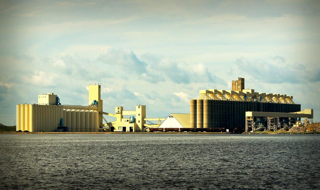 Imagem mostra silos e plantas da indústria agrícola.