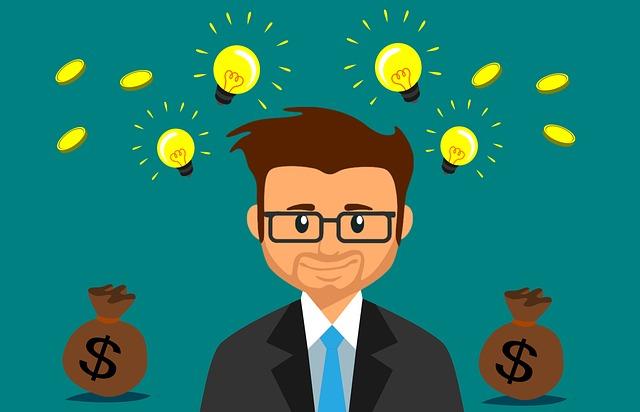ilustração de investidor com sacos de dinheiro e lâmpadas de ideias