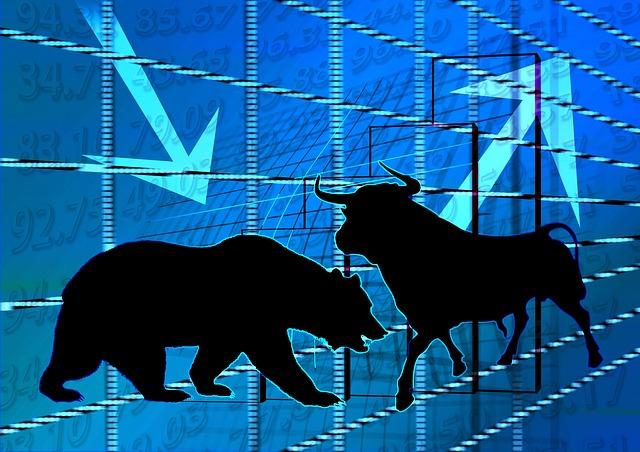 ilustração com touro e urso, símbolos dos mercados em alta e baixa