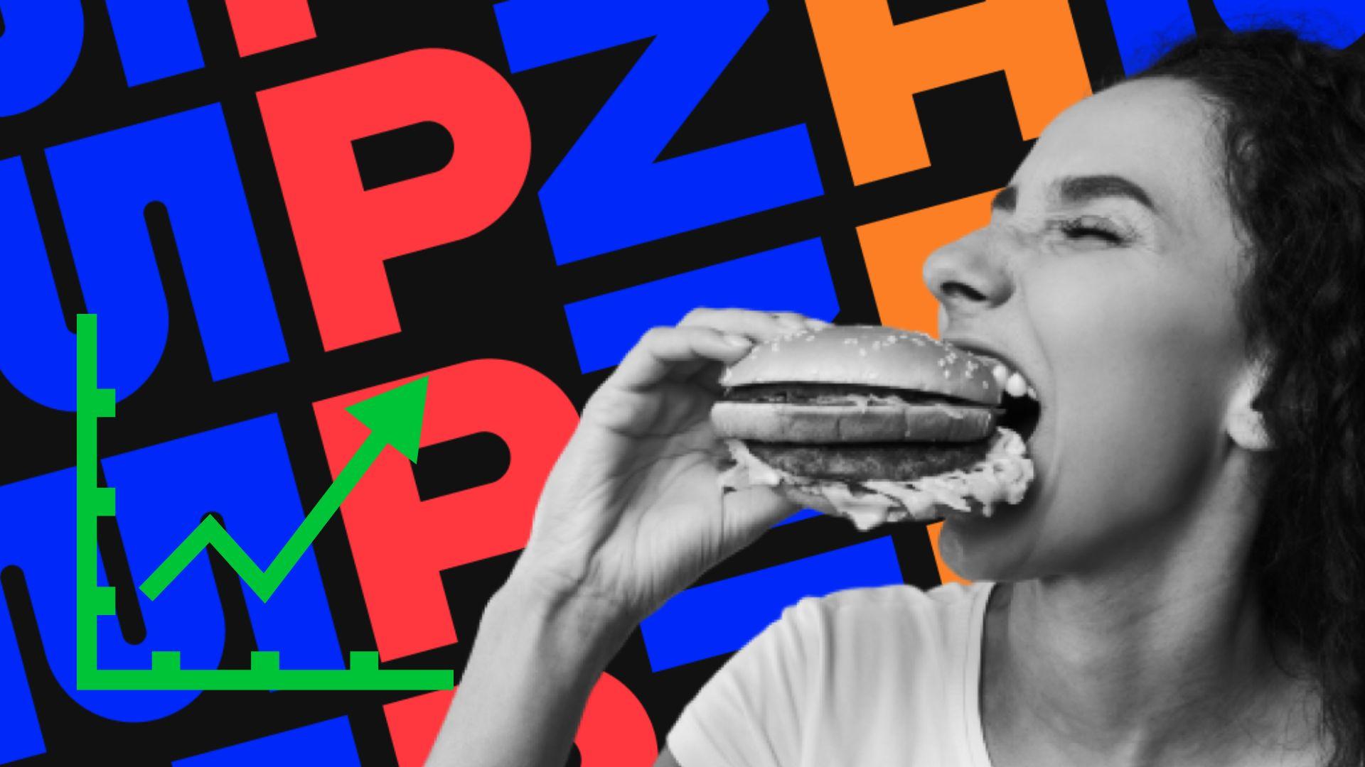 Garota comendo um hambúrguer com o logo da Zamp (ZAMP3) no fundo
