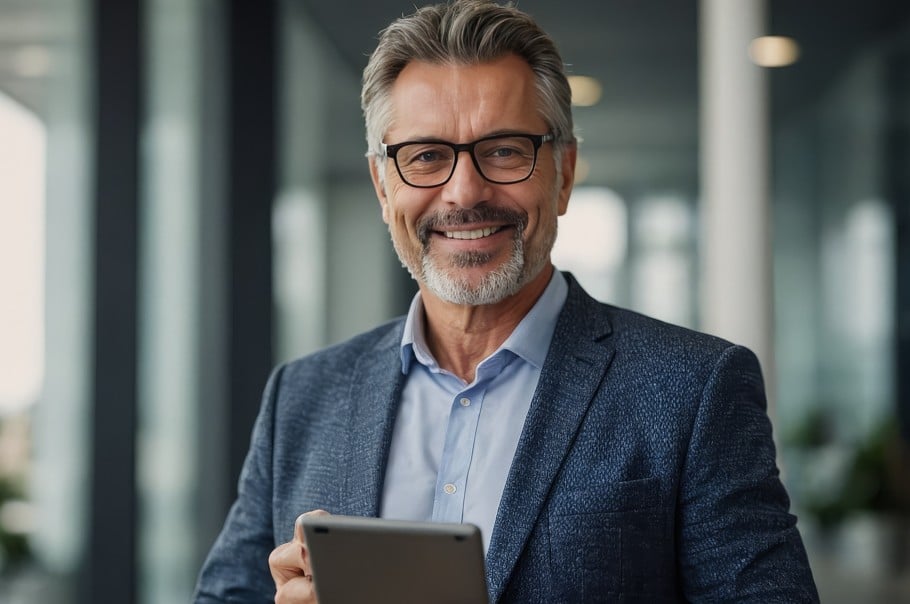 Viver mais: homem de meia idade, analisando tablet; planejamento financeiro