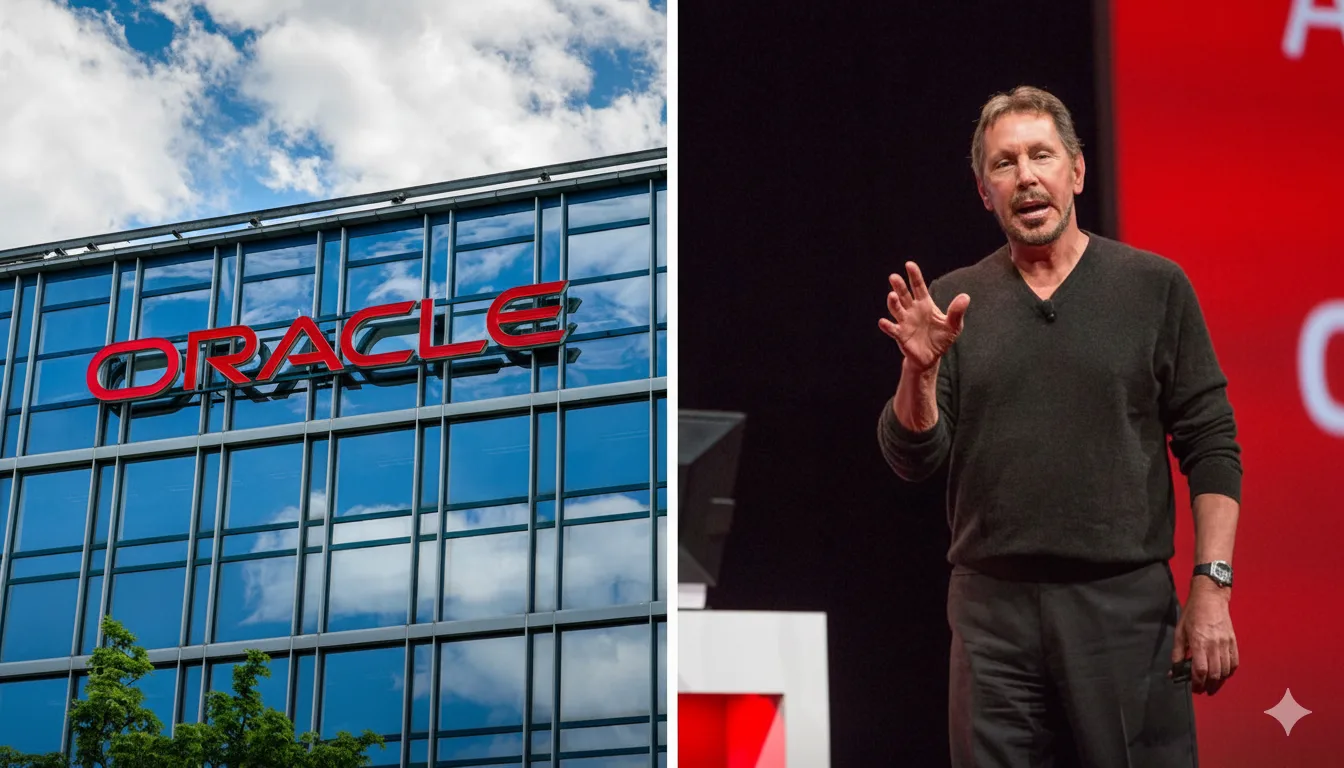 Montagem com foto do prédio da Oracle e uma imagem de Larry Ellison, fundador da empresa, no palco.