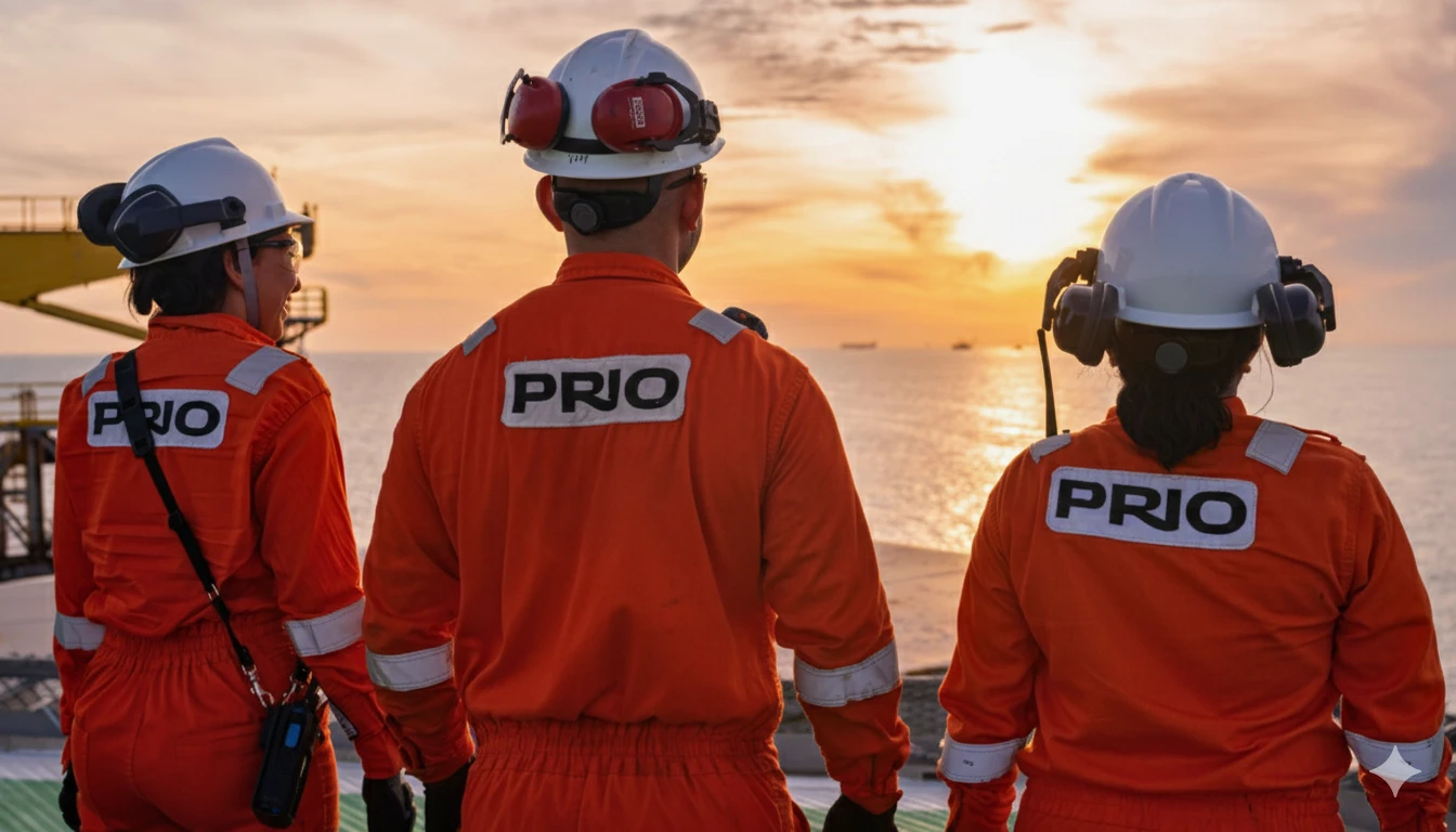 Três trabalhadores da PRIO em uma plataforma de petróleo, de costas para a câmera, olhando para o mar ao pôr do sol.