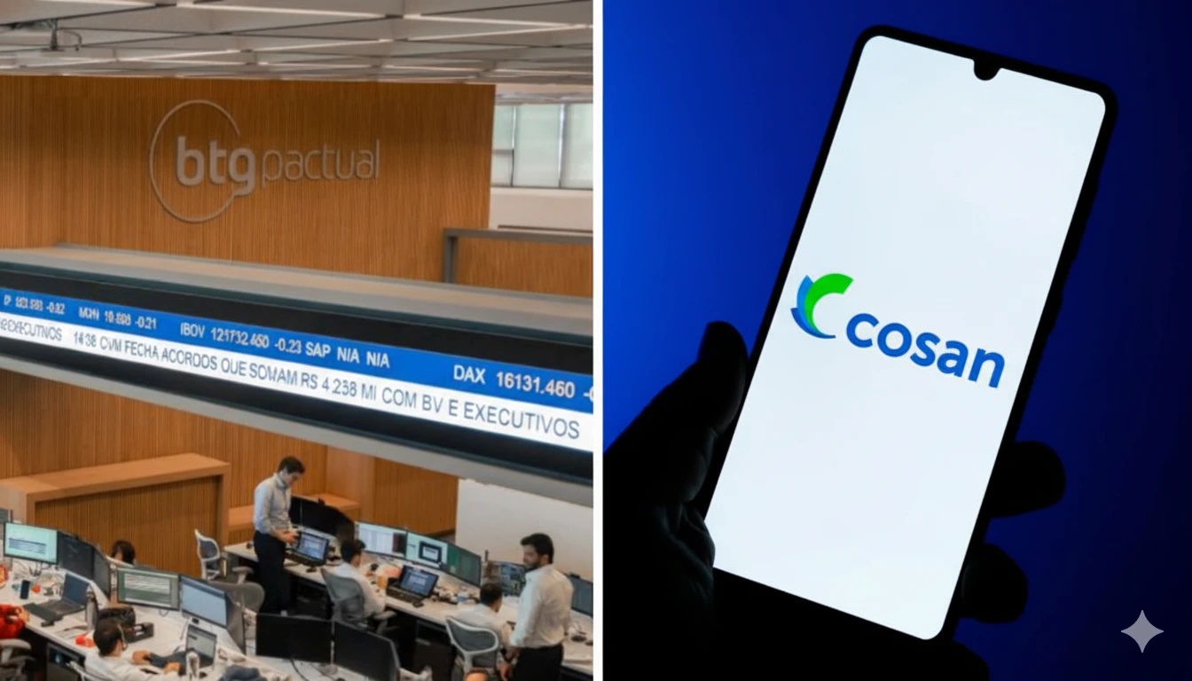 Montagem de fotos com a mesa de operações do BTG Pactual e o logo da Cosan na tela de um celular.