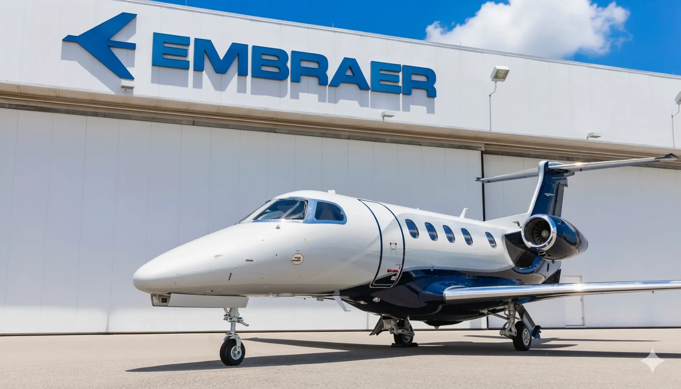 Jato executivo da Embraer estacionado em frente a um hangar com o logotipo da empresa.