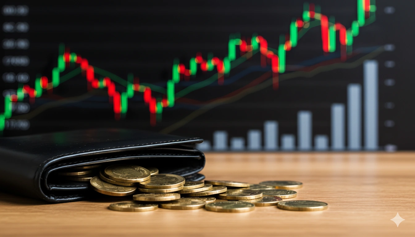 Moedas de ouro saindo de uma carteira de couro, com gráficos de finanças ao fundo.