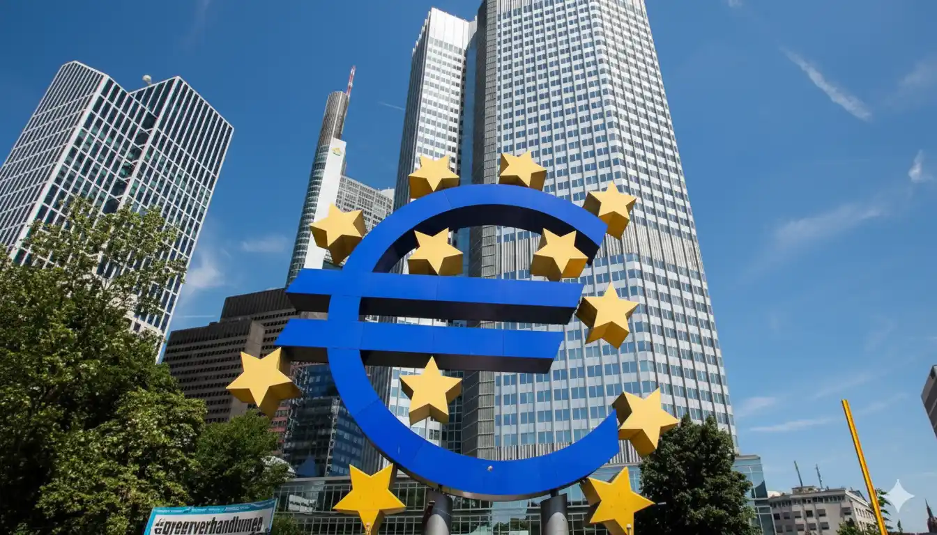 Escultura do símbolo do euro com estrelas, em frente a edifícios modernos em Frankfurt, na Alemanha.