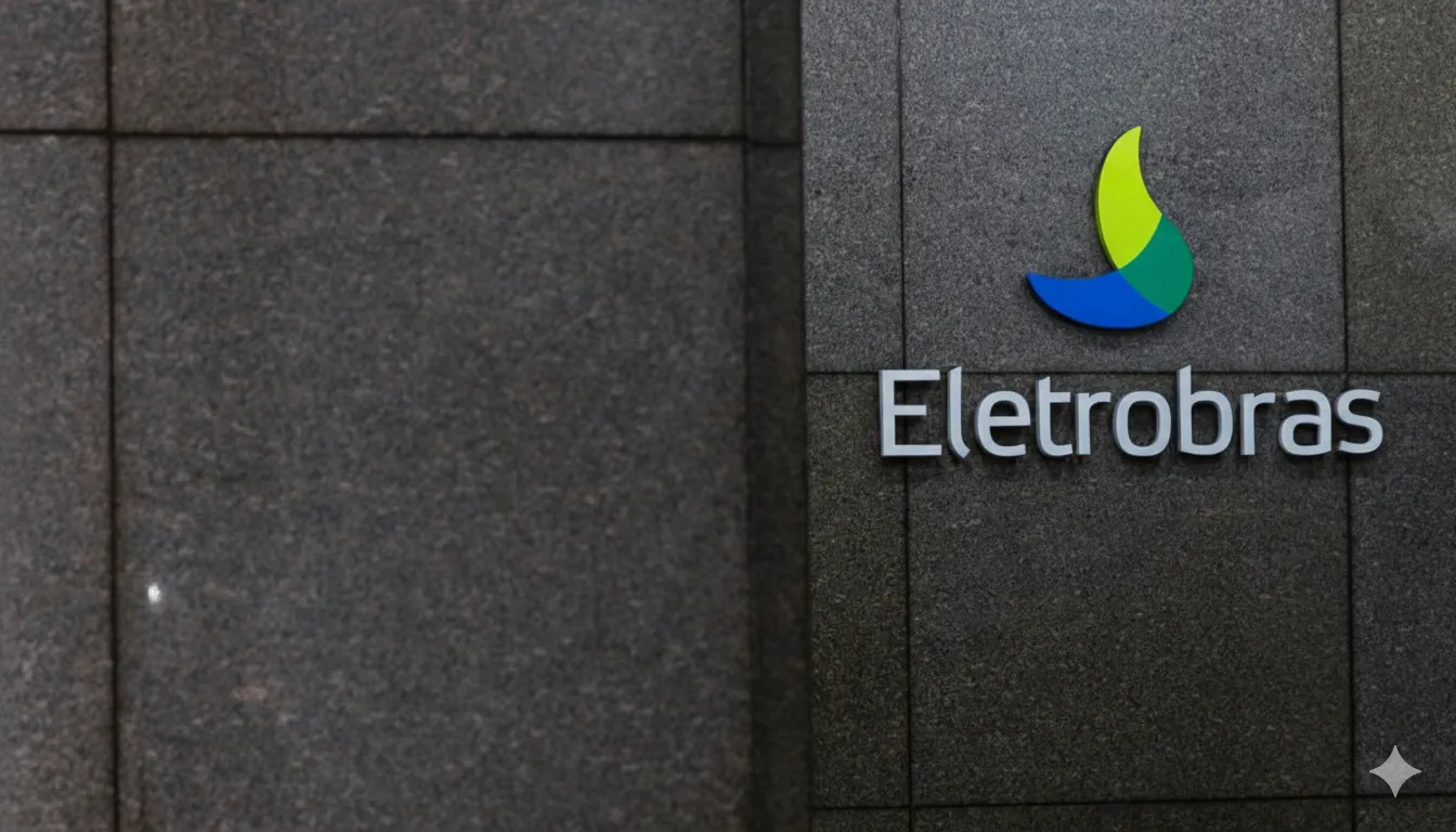 O logotipo da Eletrobras em destaque na fachada de um prédio.