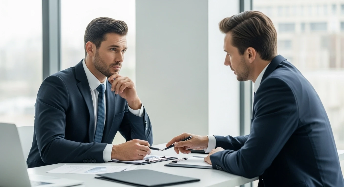 Dois homens de terno sentados em uma mesa, discutindo planejamento financeiro.