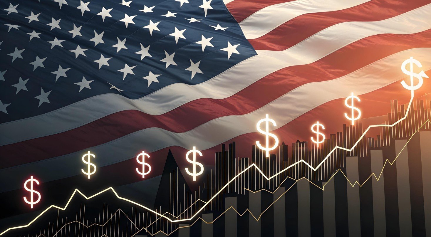 Fed corta juros: imagem de bandeira dos EUA, com gráfico e símbolo de $