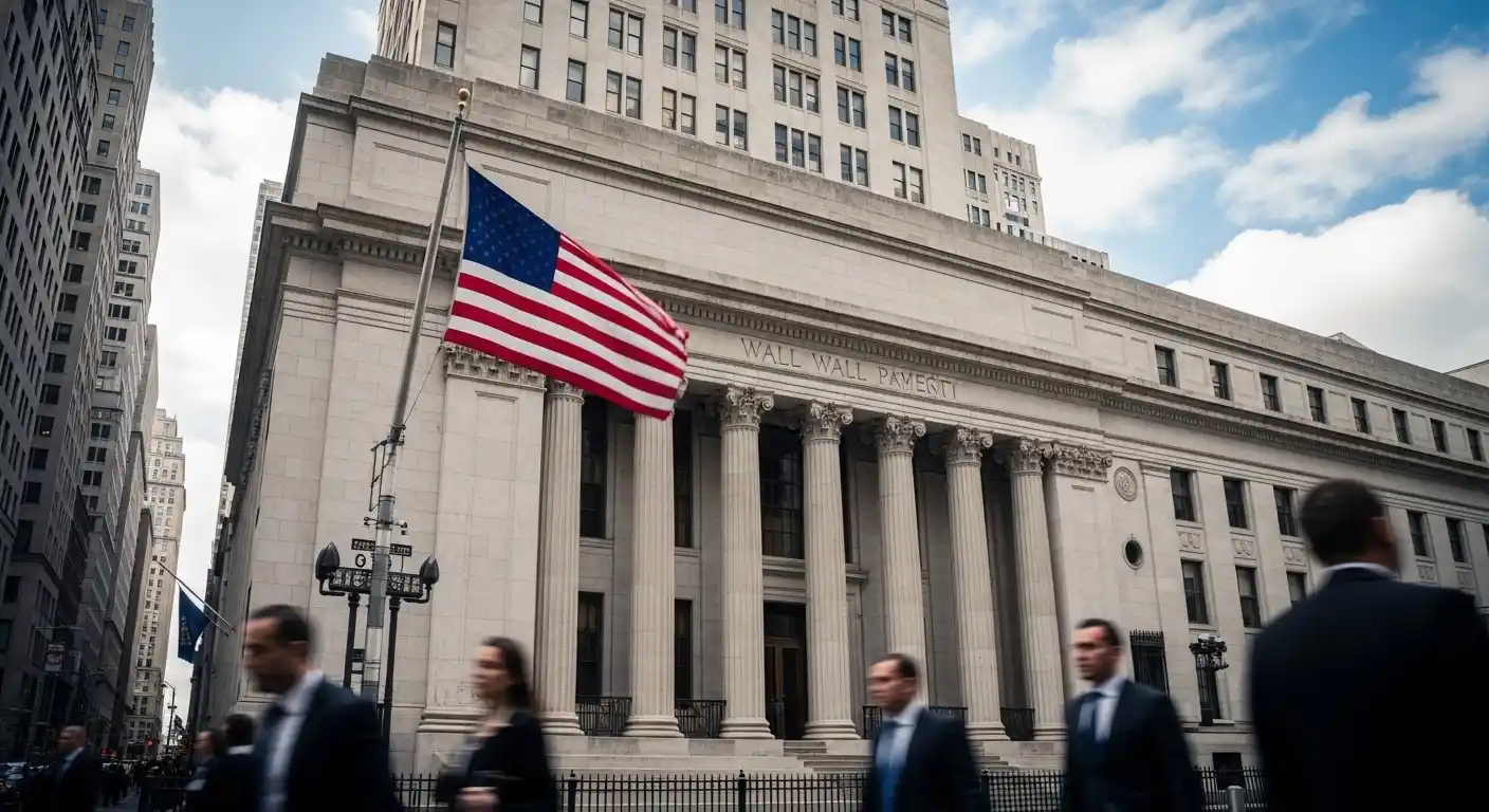 Fachada de prédio financeiro em Wall Street com bandeira dos Estados Unidos ao centro
