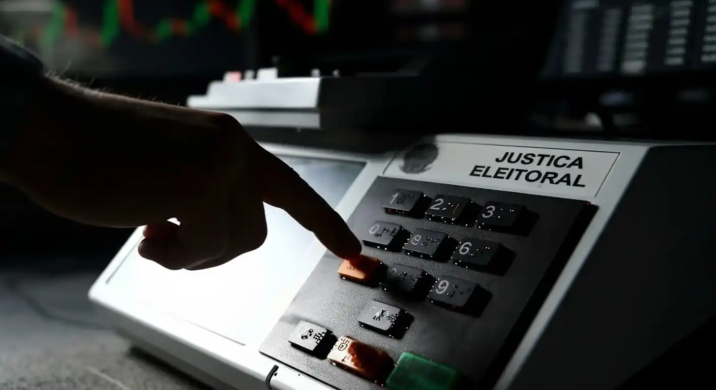 Mão de um eleitor digitando o número na urna eletrônica da Justiça Eleitoral do Brasil, em fundo escuro.